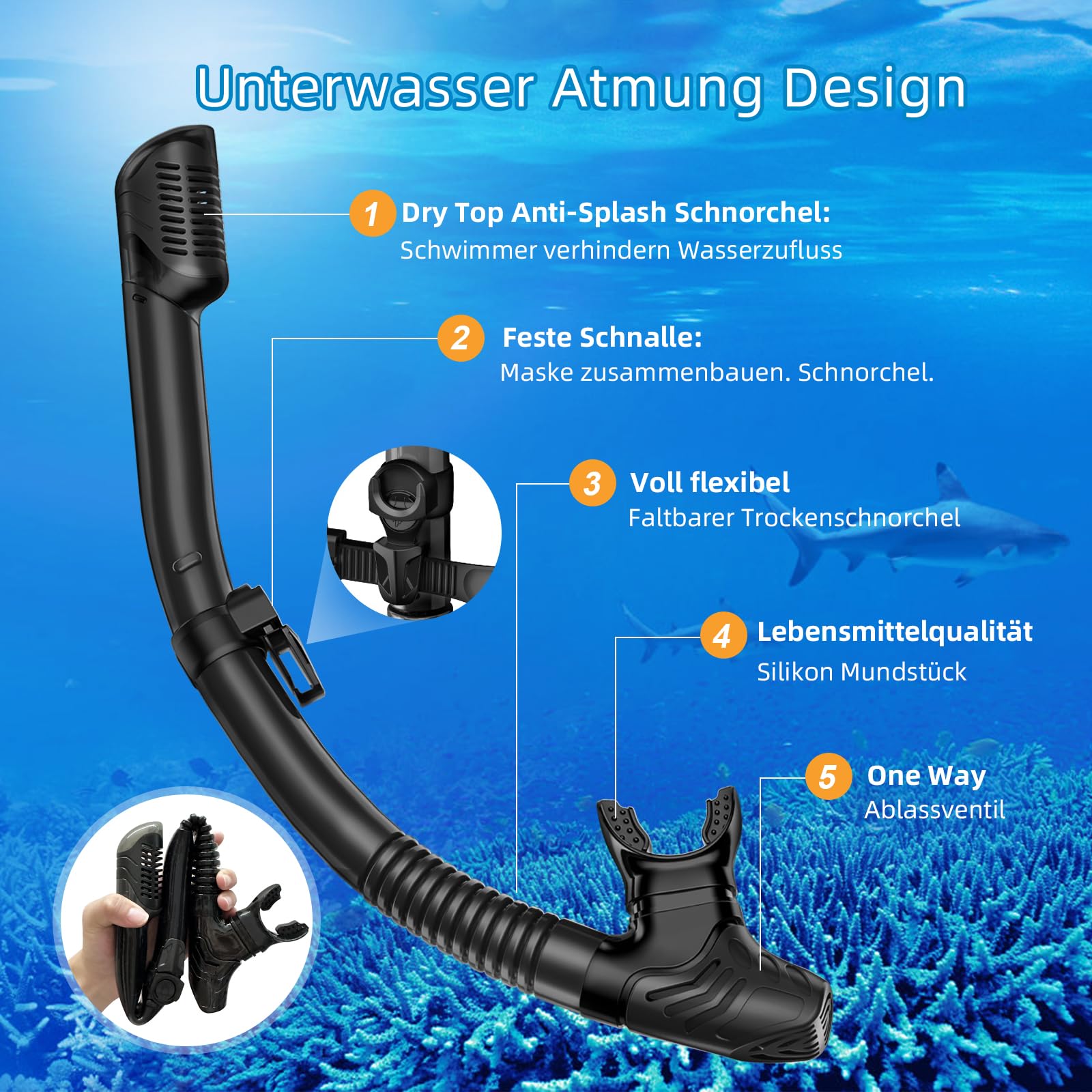 Schnorchelset Erwachsene Schnorchelausrüstung Anti-Leck und Anti-Beschlag gehärtete Glaslinse Panoramablick Schwimmmaske Trockenschnorchel-Kit für Schnorcheln Tauchen mit Tragetasche Schwarz 4