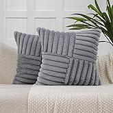 All Smiles Couch Decorative Throw Pillow Covers 18x18 Set of 2 Faux Fur Plush Soft Fluffy Velvet Cushion Case Cozy Fuzzy Striped Pillowcase Home Decor for Sofa Living Room Bedroom,Gray
