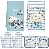 Bencailor 6 Pcs Spring Kitchen Decor Sunflower Pot Holders and Oven Mitts Stes Yellow Kitchen Towel 2 Farmhouse Cooking Mittens for Cooking Grilling Supply Accessories(Blue, White,Daisy)
