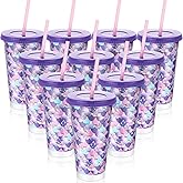 Domensi 24 Pcs Plastic Cups with Lid Straw 24 oz Reusable Tumbler Water Bottle Coffee Mug for Team Employee Students Birthday Party Favors Supplies(Mermaid)