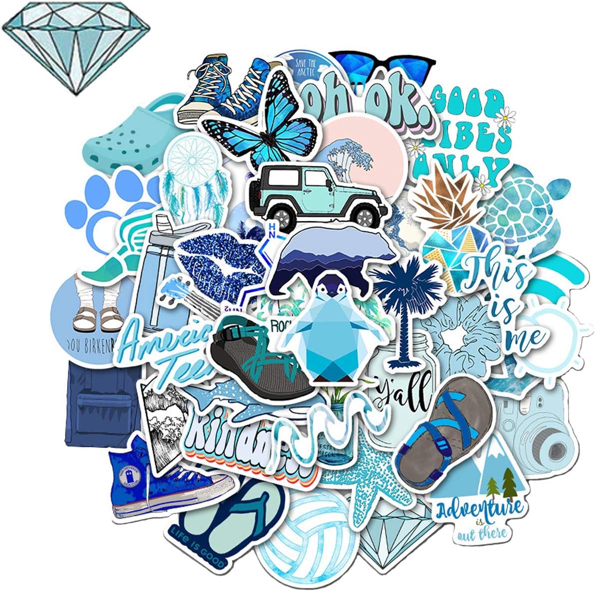 WOCOCO VSCO Waterproof Blue Stickers for HydroFlask Laptop Water Bottles, Cute Trendy Vinyl Stickers for Computers, Guitar, Skateboard (50 Pack)