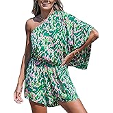 CUPSHE Women's One Shoulder Romper 3/4 Sleeve Wide Leg Mini Jumpsuit Short Draped Bodice Romper Casual Summer Loose Outfit