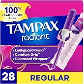 Tampax Radiant Tampons, #1 Tampon Brand, with LeakGuard Braid, Regular Absorbency, Up to 100% Leak and Odor Free Protection, Unscented, 28 Count