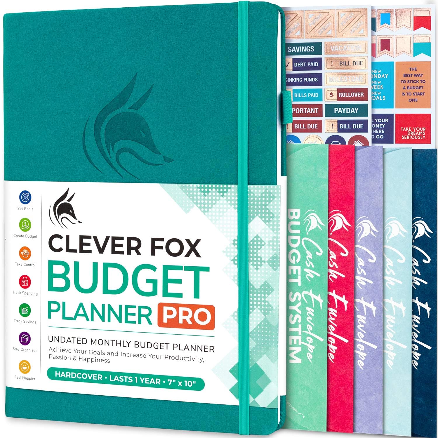 Clever Fox Budget Planner PRO - Financial Organizer + Cash Envelopes. Monthly Finance Journal, Expense Tracker & Personal Account Book, Undated, 18 x 25.5cm - Turquoise