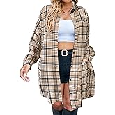 IN'VOLAND Womens Plus Size Plaid Flannel Shirt Long Sleeve Button Down Blouses Tops Shacket Jackets Coats with Pockets