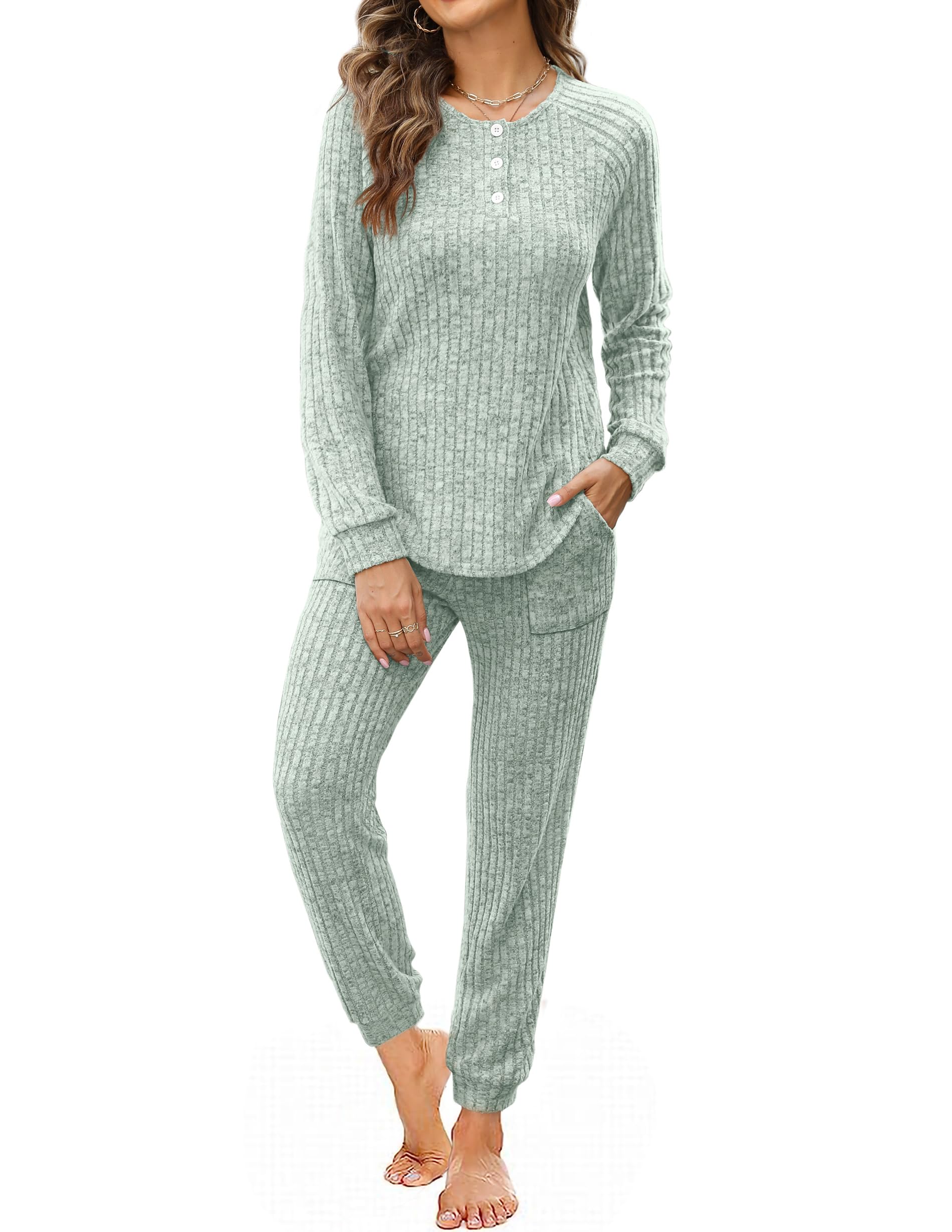 WIHOLL Womens Pajama Sets 2 Piece Outfits Lounge Fall Outfit Fashion Tracksuits Sage Green L - Image 2