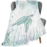 Sea Turtle Throw Blankets,Blue Teal Ocean Beach Nautical Coastal Fish Beachy Flannel Warm Soft Cozy Fluffy Bed Couch Blanket,White Fleece Throws to Decorate The Room and Bedroom 50 x 60