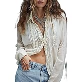 Womens Flowy Bow Front Tie Top Y2k Long Sleeve Peplum Ruffle Lace Trim Shirt Sheer V Neck Beach Lightweight Blouse