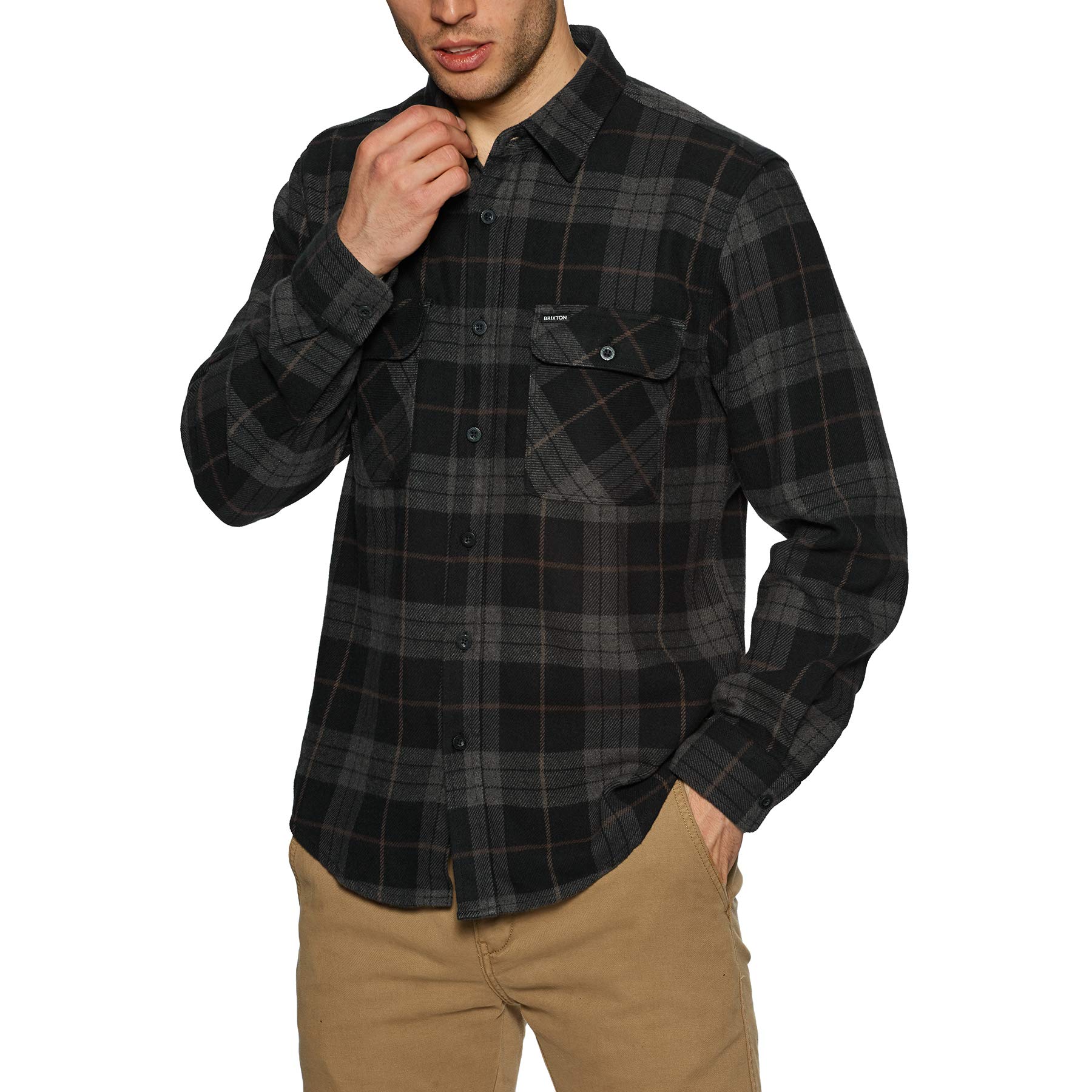 Photo 1 of Brixton mens Bowery L/S Flannel Button Down Shirt, Black/Charcoal, Large US