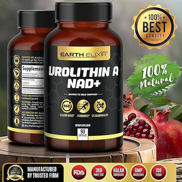 EARTH ELIXIR UROLITHIN A & NAD SUPPLEMENT (90 CAPSULES) 500MG OF UROLITHIN A+ AND NAD SUPPLEMENT ORGANIC – NICOTINAMIDE RIBOSIDE (NAD +) – UROLITHIN A SUPPLEMENT
