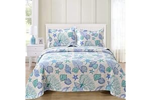 GREEN ESSEN Coastal Quilts Full/Queen Size Blue Green Summer Beach Bedspread Lightweight Nautical Bedding Coverlet Conch Shell Starfish Coral Bed Cover Ocean Bedding Seaside Home Decor