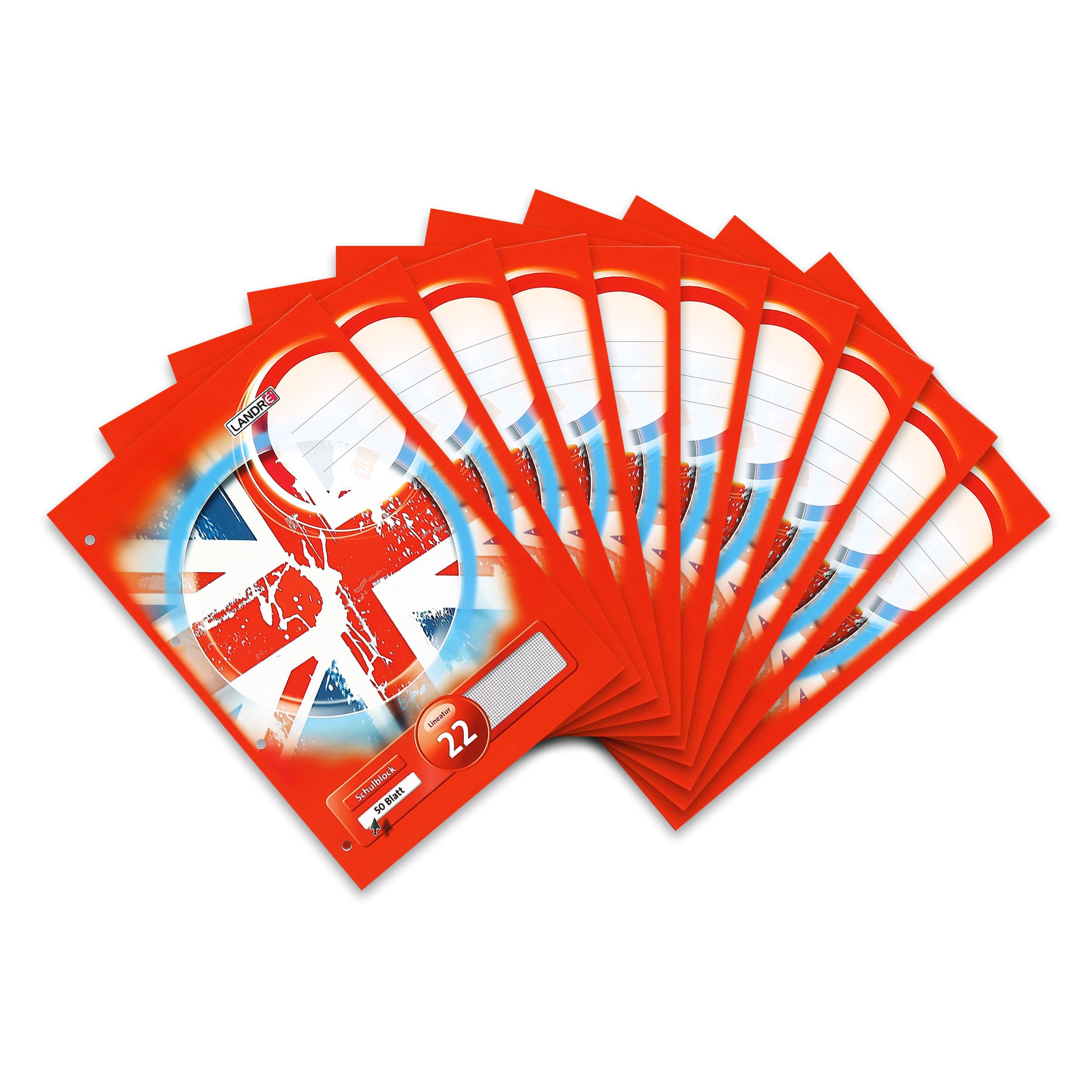 Landre 100050449 School Notepad A4 50 Sheets Line Style 21 Lined, 70 g/m², Wood-, Paper, 4 Holes) Pack of 10 School Pad, A4, 50 Pages, Ruling 22 - Chequered 0