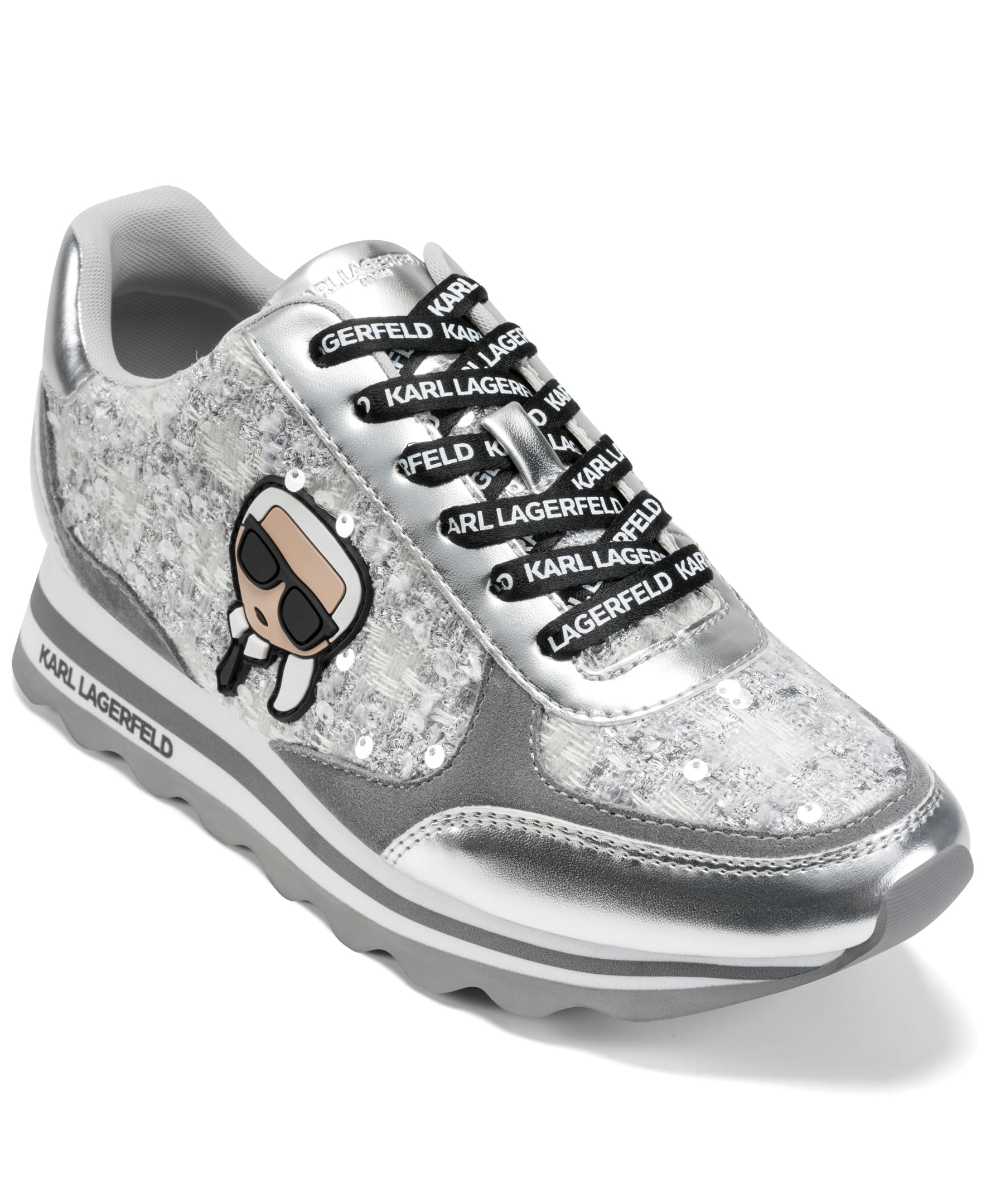 KARL LAGERFELD Women’s Meade Lace Up Sneaker with Karl Head, Silver Sequins, 8