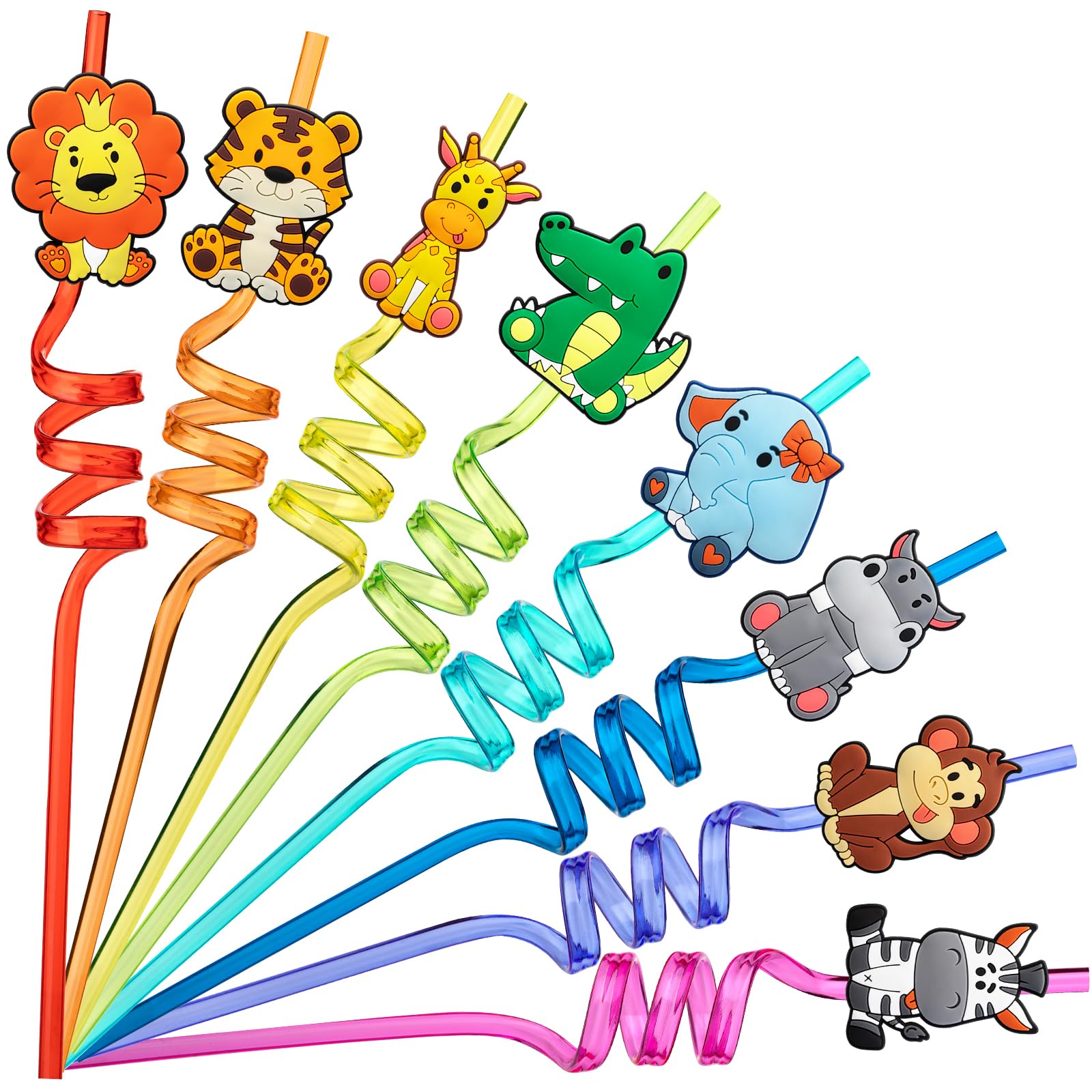Jungle Safari Party Favors 24 Reusable Wild Animals Plastic Straws for Kids Birthday, Woodland Party Gift Favors with 2 Cleaning Brushes