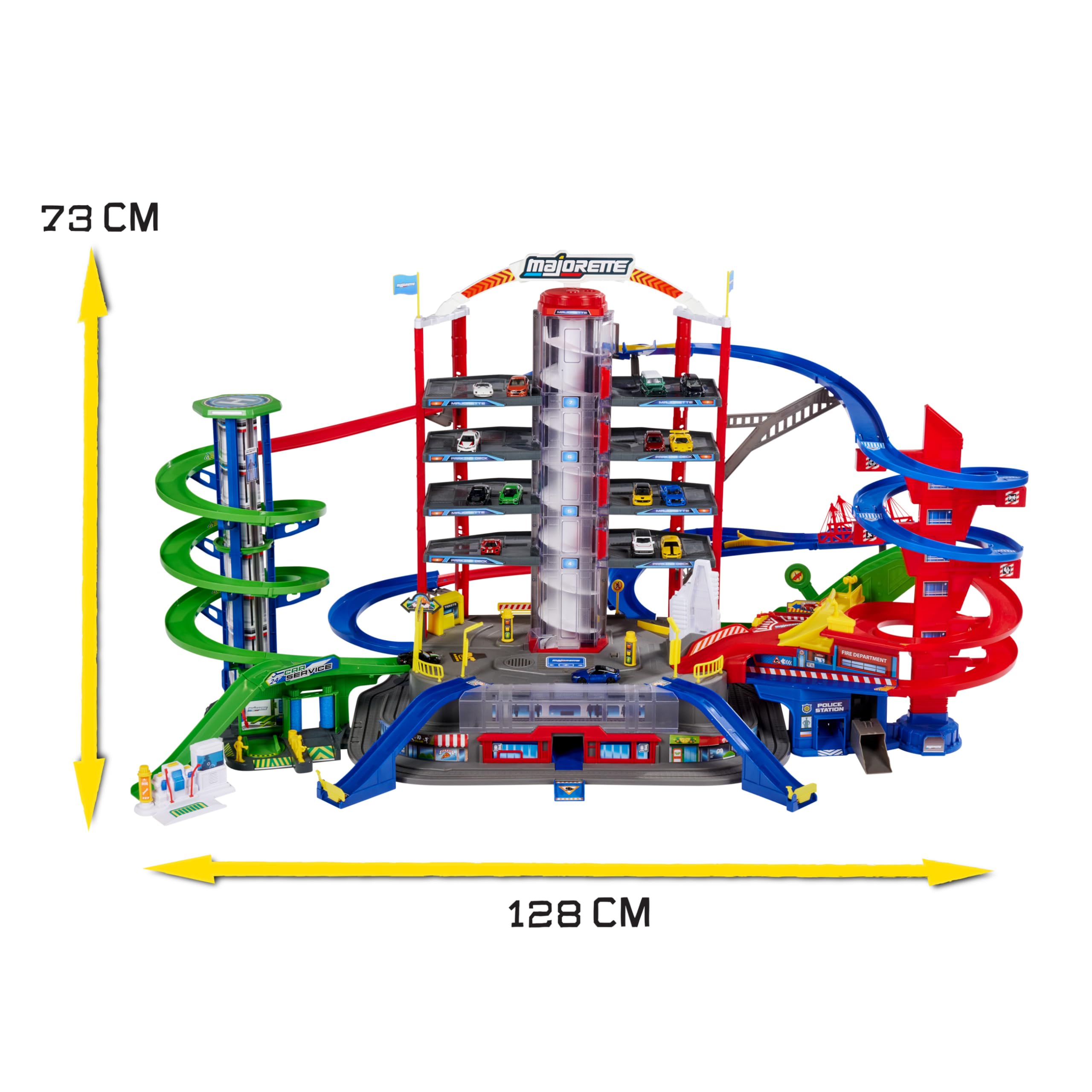 DICKIE TOYS: Majorette Super City Garage Playset with 6 Die-Cast Cars, Parking Building Play World on Seven Floors, 6 Light and Sound Effect Systems, For Ages 3 and up , 128 x 78 x 73 cm
