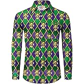 Arvilhill Mens Mardi Gras Shirt Long Sleeve Button Fat Tuesday Shirt (S-3XL)