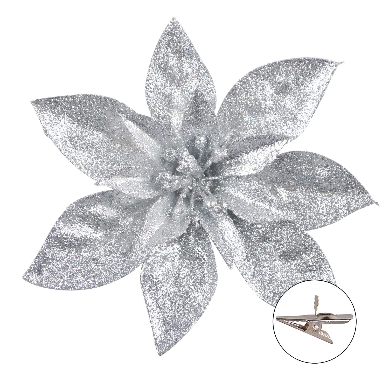 GL-Turelfies 12 Pcs Glitter Christmas Flowers(16cm/6.3’’) with 12 Pcs Clips Artificial Poinsettia Flower Christmas Tree Flower Decorations Xmas Tree Ornaments (Silver)