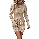 GORGLITTER Women's Cable Knit Sweater Dress Long Sleeve Knit Fall Winter Dresses Crewneck Mini Pencil Dresses