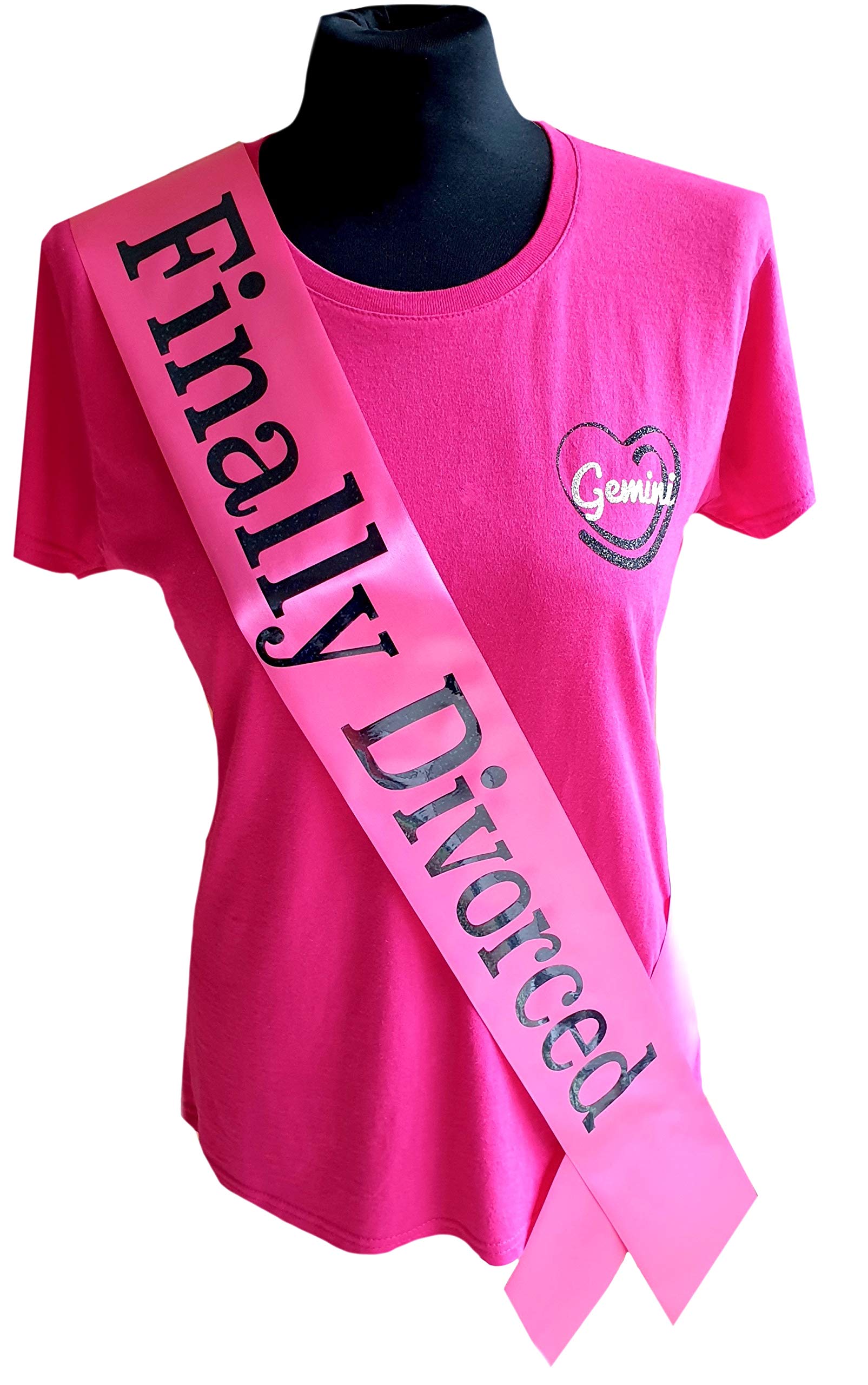 Finally Divorced Sash - Beautiful Satin Pink Ribbon with Black Glitter Text