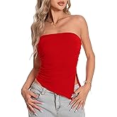 TAIPOVE Pima Cotton Tube Tops for Women Summer Strapless Ruched Going Out Bandeau Shirt Split Asymmetrical Hem Trendy Outfit