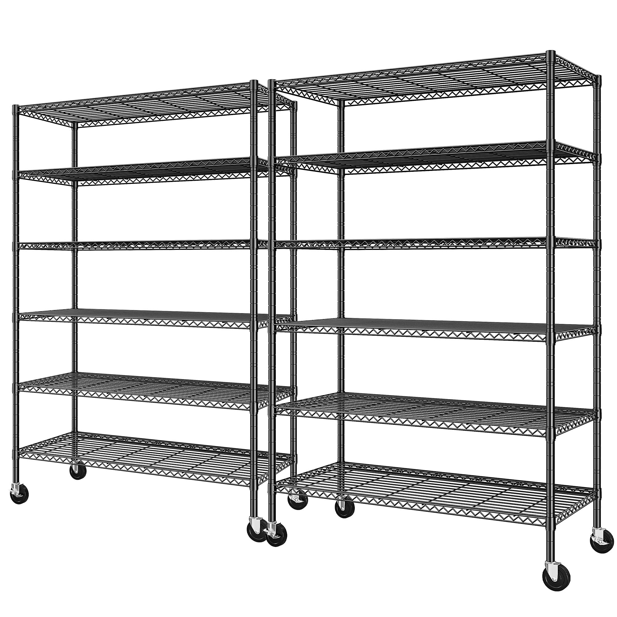 Romorgniz 82" H X45 W X18 D Storage Shelves with Wheels, 6 Tier Wire Shelving Adjustable Metal Shelving Pantry Shelves Capacity 1200LBS for Garage Shelving, Pantry, Kitchen, Closet, Black,2P