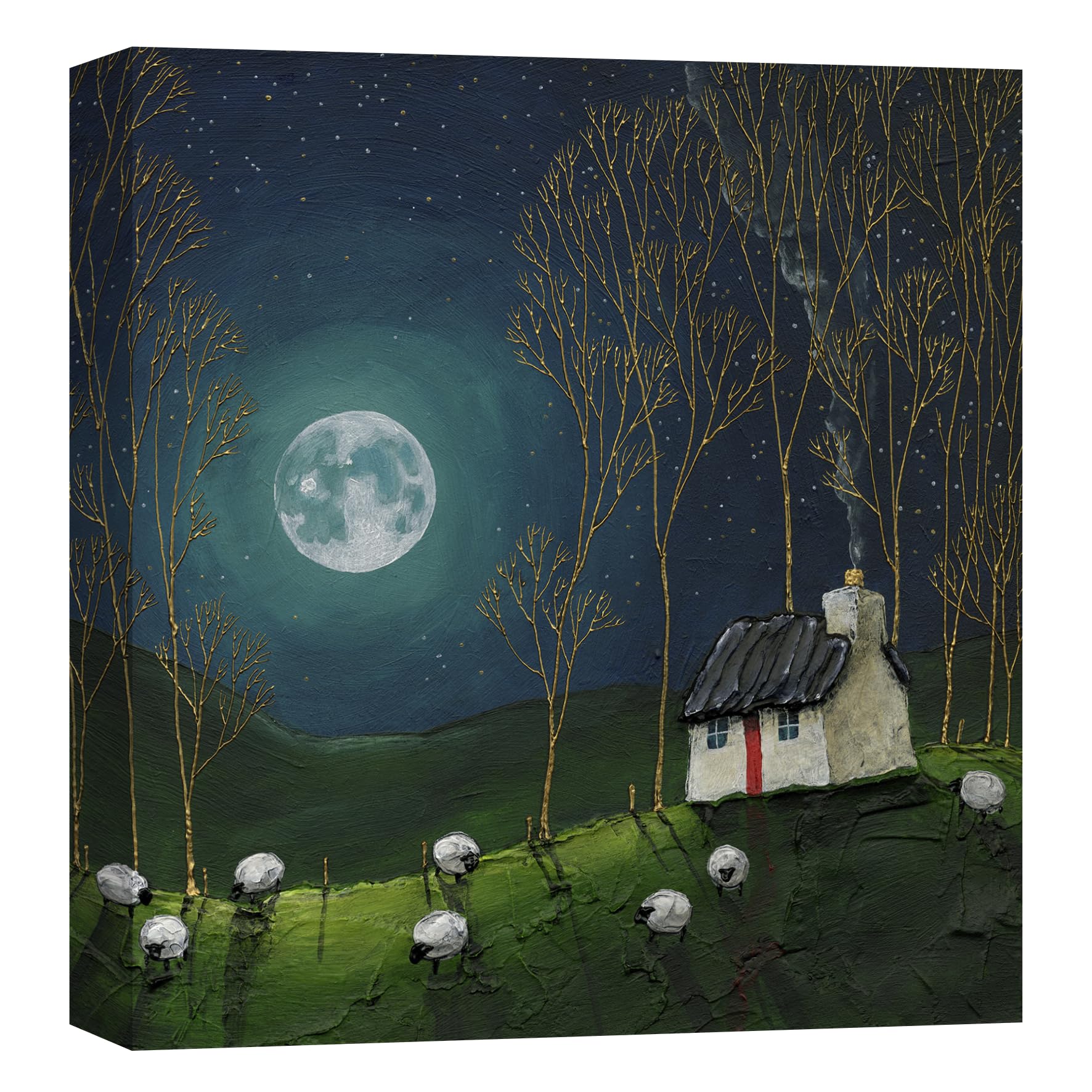 Artko Countryside Cottage Canvas Print Wall Art - 'Teal Glow' by Geoff Beckett - Moonlit Peaceful Animal Picture - Ready to Hang Home Décor - 30cm x 30 cm