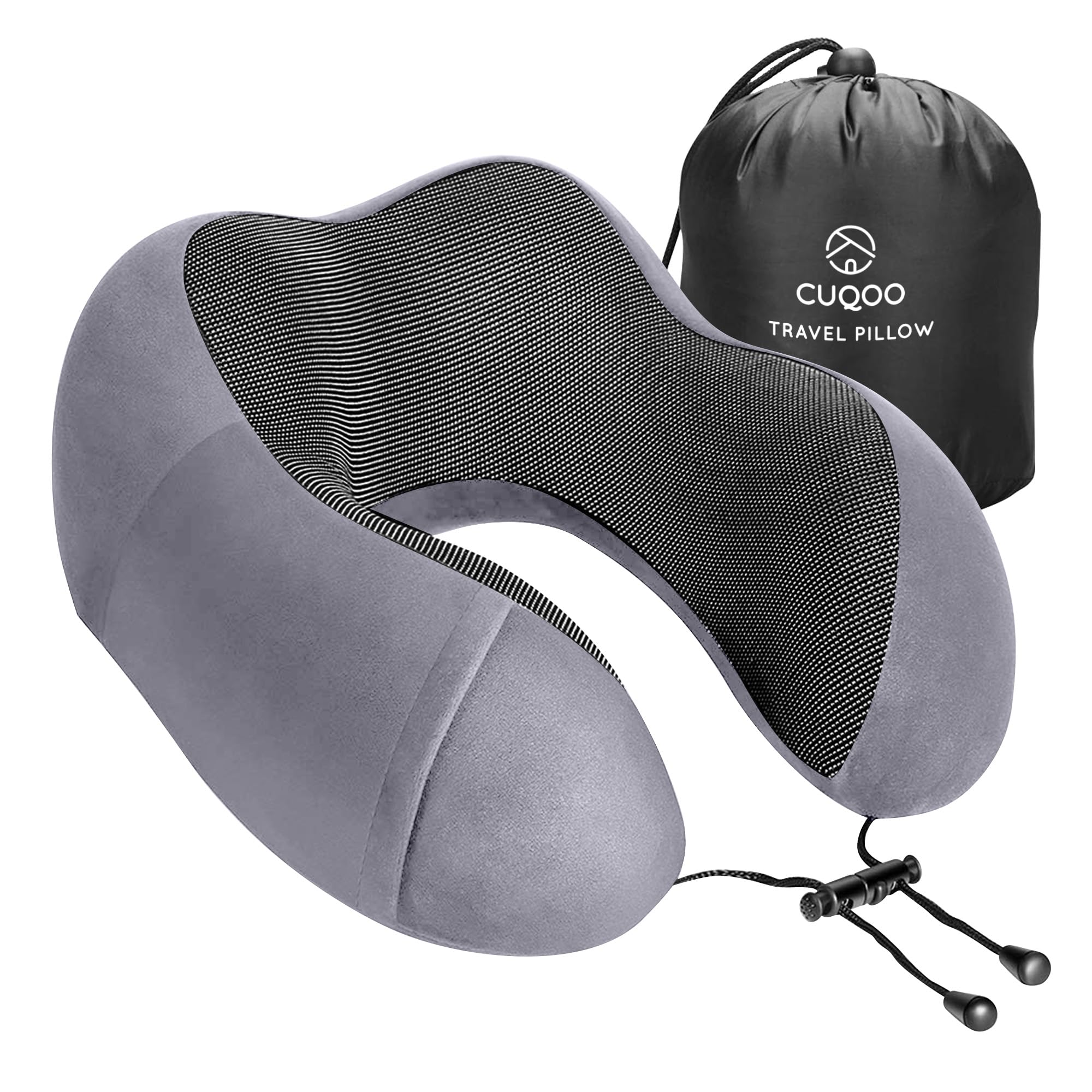 CUQOO Memory Foam Travel Pillow – Ergonomic Neck Pillow for Airplane, Car, Train – Lightweight & Compact Travel Neck Support Cushion for Adult - Ideal for Flights & Long Journeys – Travel Bag Included