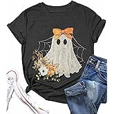 Halloween Shirts for Women Halloween Ghost T-Shirt Bow Ghost Graphic Tees Casual Spooky Season Tee Tops