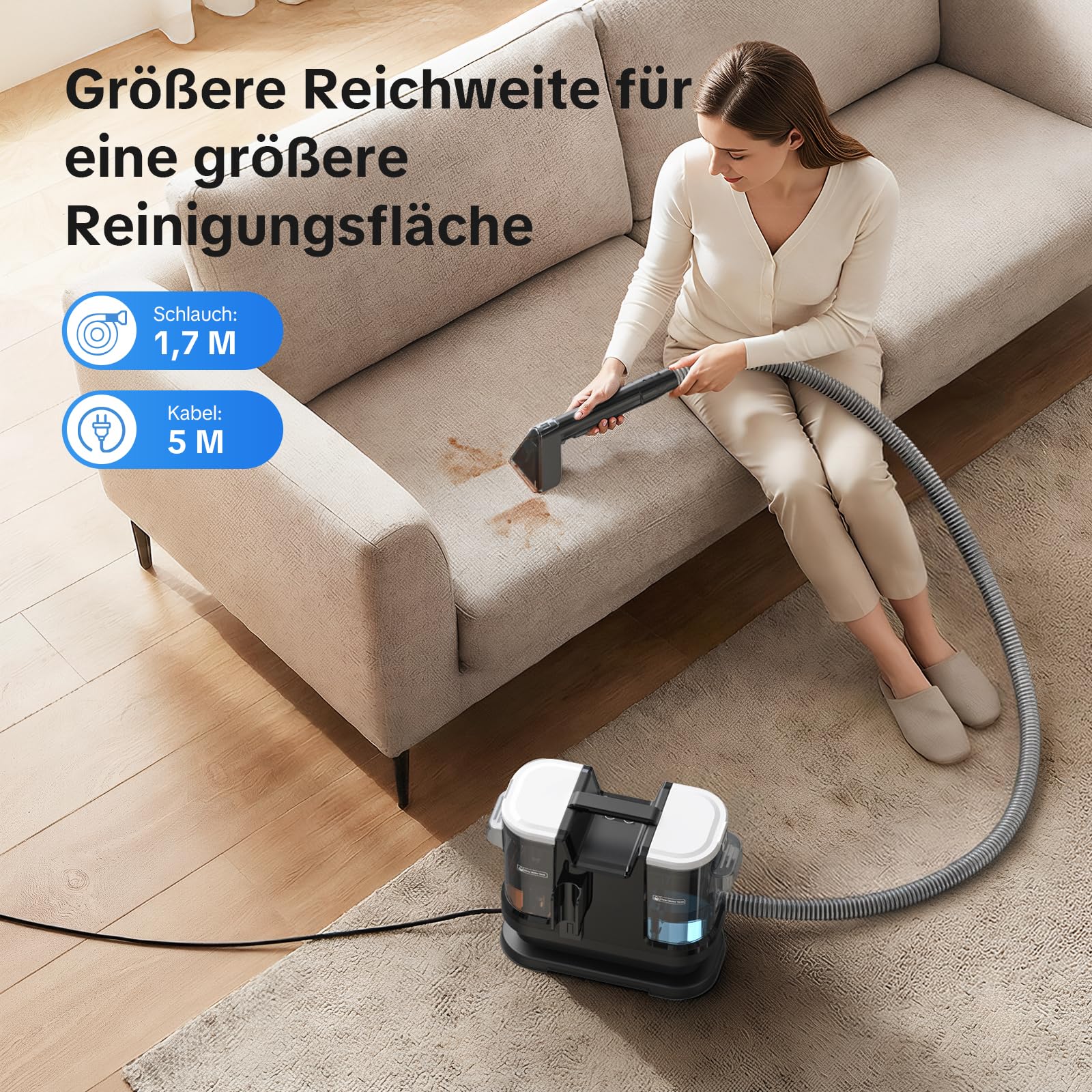 Lubluelu Nasssauger Polsterreiniger Gerät 18 kPa, 1400 W, Teppichreiniger Waschsauger mit 10 Sek. Schnellheizung auf 35–60 °C und Selbstreinigung, tragbarer Teppichreiniger für Teppiche, Auto & Sofas 7