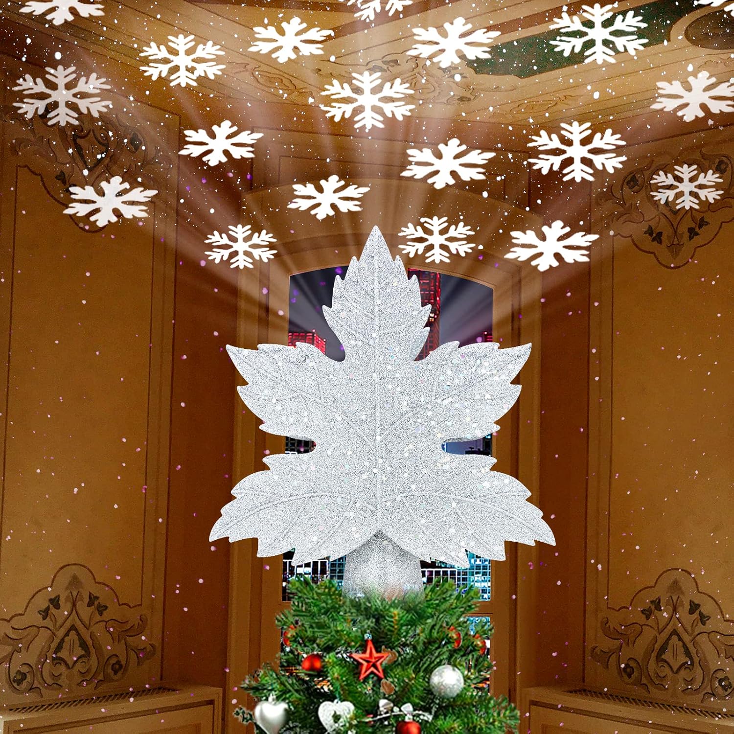 Tree Toppers - Christmas Leaf Tree Topper with Built-in Led Snowflake Projector Lights, Christmas Decoration, Led Leaf Tree Topper Projector Lights for Christmas Tree Decorations, Holiday Decoration (Silver)