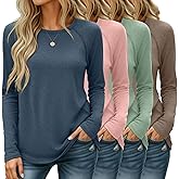 Huukeay 4 Pack Women's Long Sleeve Shirts, Casual Crew Neck Raglan Tunic Tops Fall Loose Side Split Tees Curved Hem Pullovers