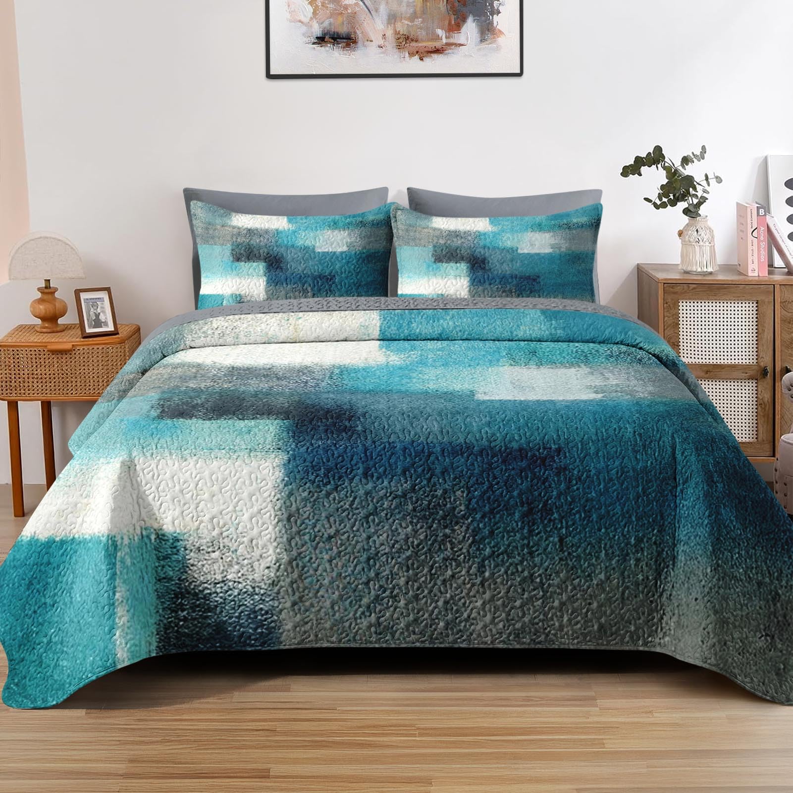 Photo 1 of Pamnest Quilt Set Full/Queen Size, Turquoise Grey Painting 3 Pcs Soft Bed Cover Bedding Set for Kids and Adults, Teal Contemporary Gray Lightweight Bedspread Coverlet with Pillow Sham for All Season