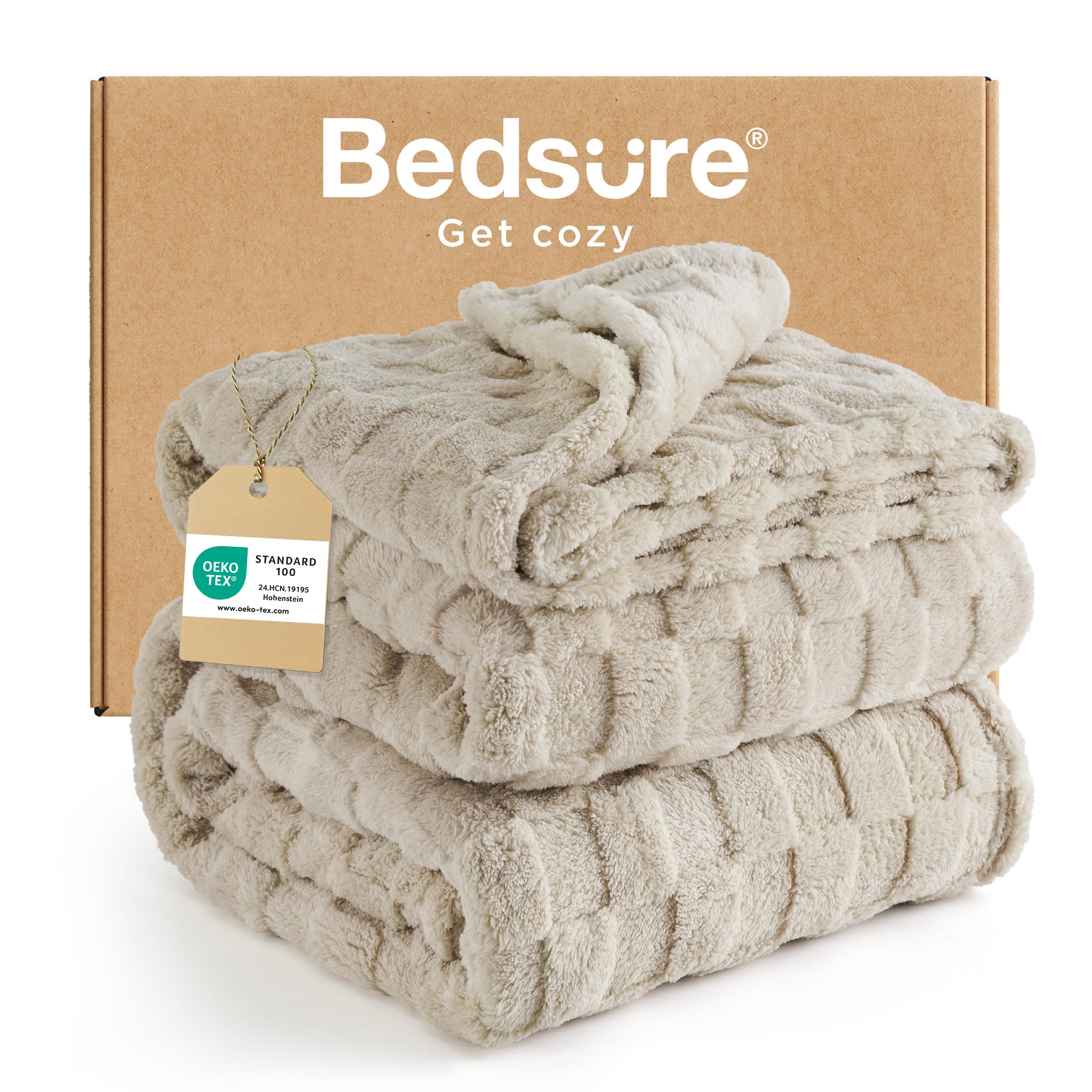 Bedsure Fleece Blanket King Size - Soft Cosy Checkered Large Blankets for Bed, Fluffy Warm Throw for Women and Girls, Beige, 230x270 cm — image 1