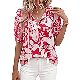 PRETTYGARDEN Womens Summer Boho Tops 2026 Vacation Outfits Casual Tie Front V Neck Peasant Blouses Puff Short Sleeve Shirts