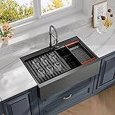 Rhbamoa Black Farmhouse Sink 33 inch,16 Gauge T304 Stainless Steel Drop in Kitchen Sinks,Single Bowl Apron Front Kitchen Farm