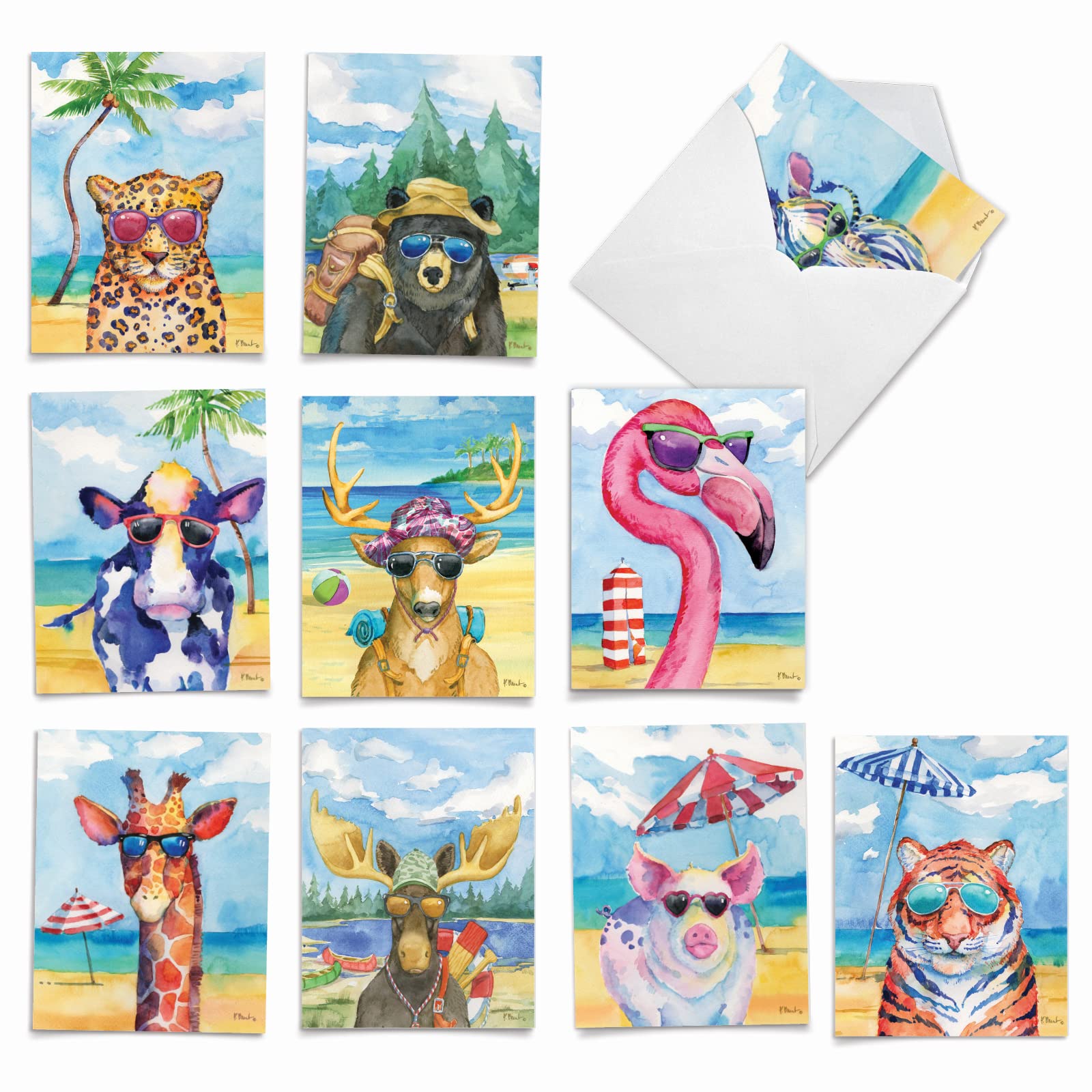 The Best Card Company - 10 All Occasion Thank You Greeting Cards Set w/Envelopes (4 x 5.12 Inch) - Watercolor Wildlife Vacation, Appreciation Grateful Notecard - Animal's Day Off AM6670TYG-B1x10