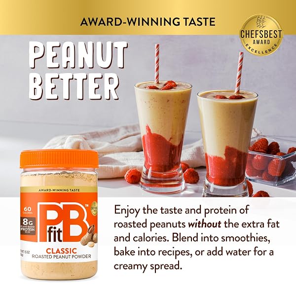 PBFIT 15 OUNCE CLASSIC PEANUT BUTTER POWDER, POWDERED PEANUT BUTTER SPREAD FROM REAL ROASTED PEANUTS, 8G OF PROTEIN 8% DV, GLUTEN-FREE, 60 CALORIES, 87% LESS FAT (PACK OF 1)