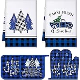 Leinuosen 6 Pieces Christmas Kitchen Set Dish Hand Towels Pot Holders and Oven Mitts Set Tea Towels Non Slip Heat Resistant Oven Gloves for Xmas Kitchen Cooking Baking Grilling(Xmas Tree)