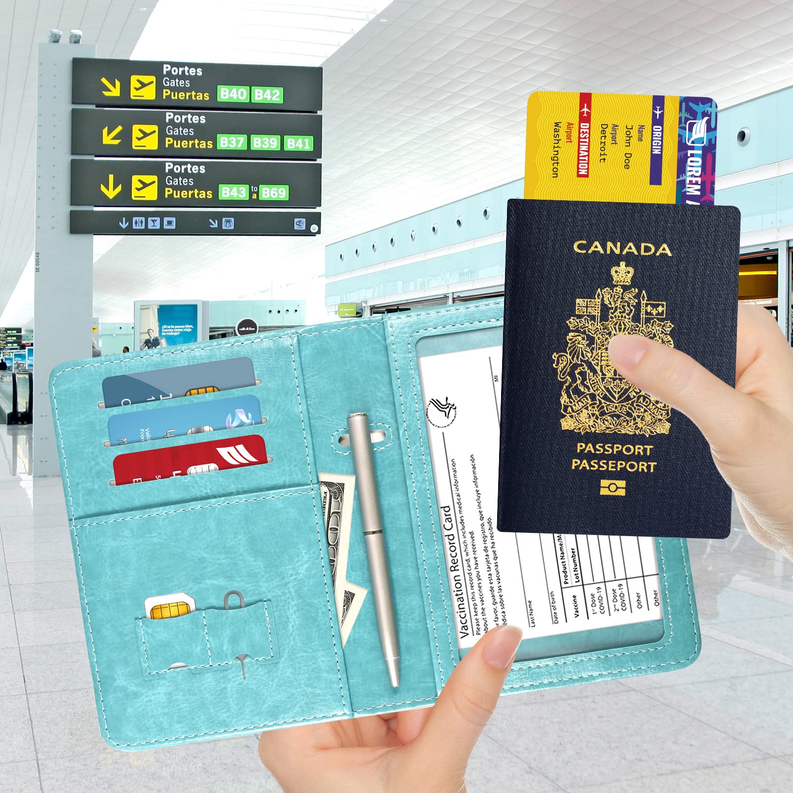 DMLuna Passport Holder Premium PU Leather Travel Passport Wallet RFID Blocking Passport Cover Case Travel Documents Organizer with Pen Holder, for Women and Men - Hill Flower