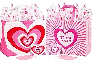 YANGTE 2 Pack 13" Valentines Gift Bags with Tissue Paper, Valentine Bags for Kids and Adults, Pink Non-Woven Valentines Day Gift Bags, Valentines Goodie Bags for Party Favor, 12.8"*10.2"*6.3"