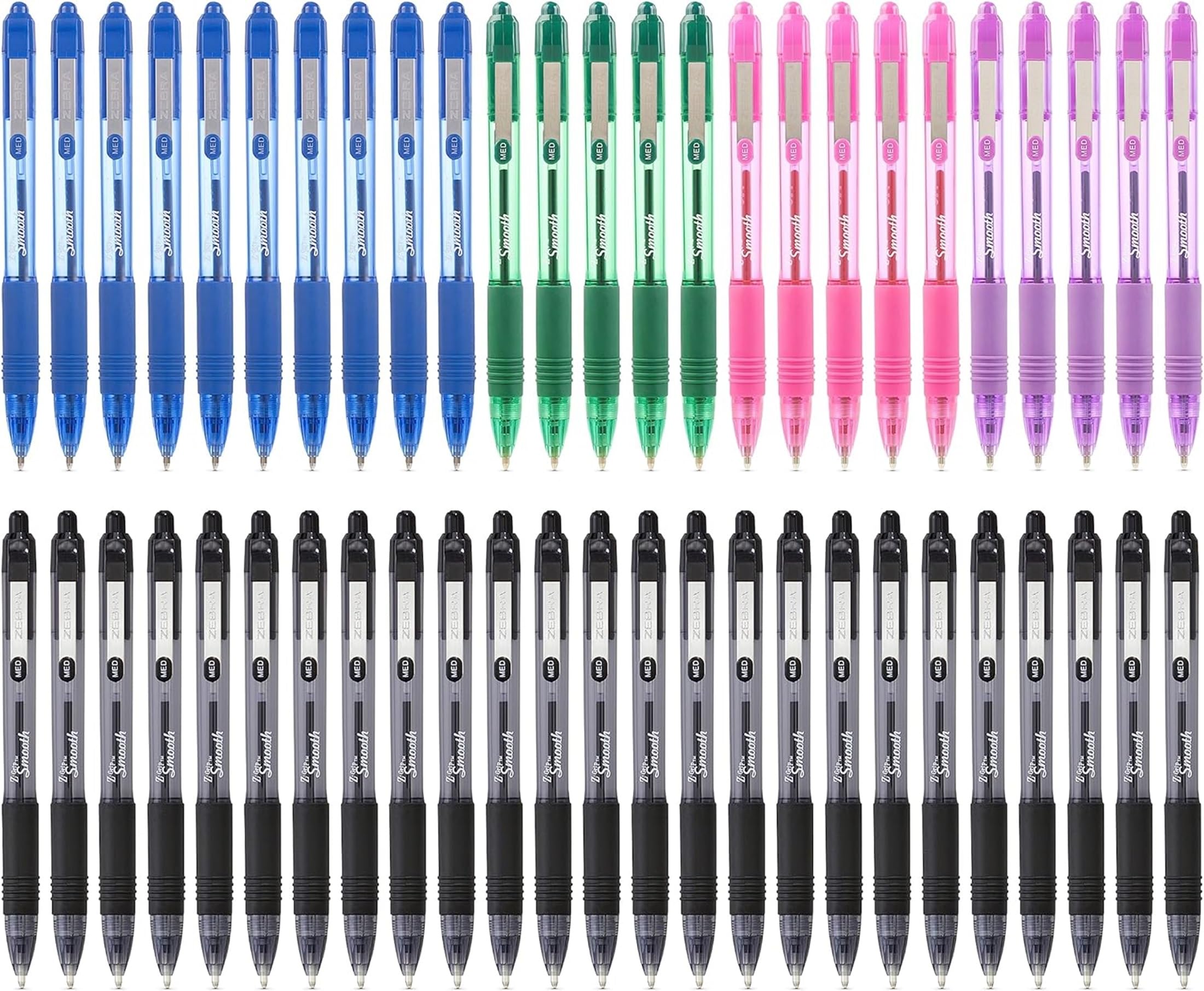 ZEBRA Z GRIP Smooth Assorted Retractable Ballpoint pens with easy glide ink, comfortable grip with pocket clip and reliable biro, medium point 50 Pack of 5 assorted colours