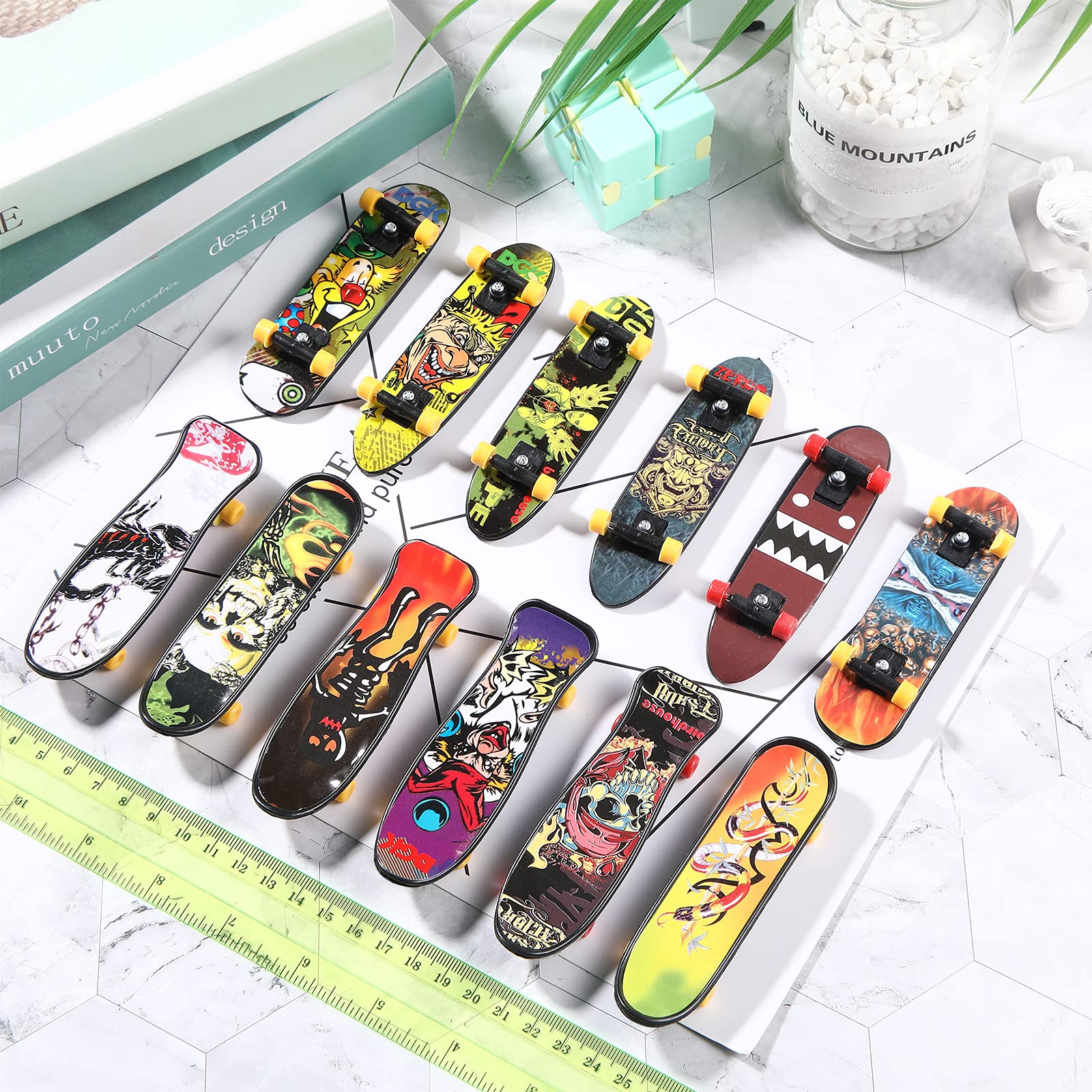 36 Pieces Mini Finger Skateboard Toy Skateboard Finger Boards with Double Sided Pattern Creative Fingertip Movement Toys for Birthday Goodie Bag Stuffers