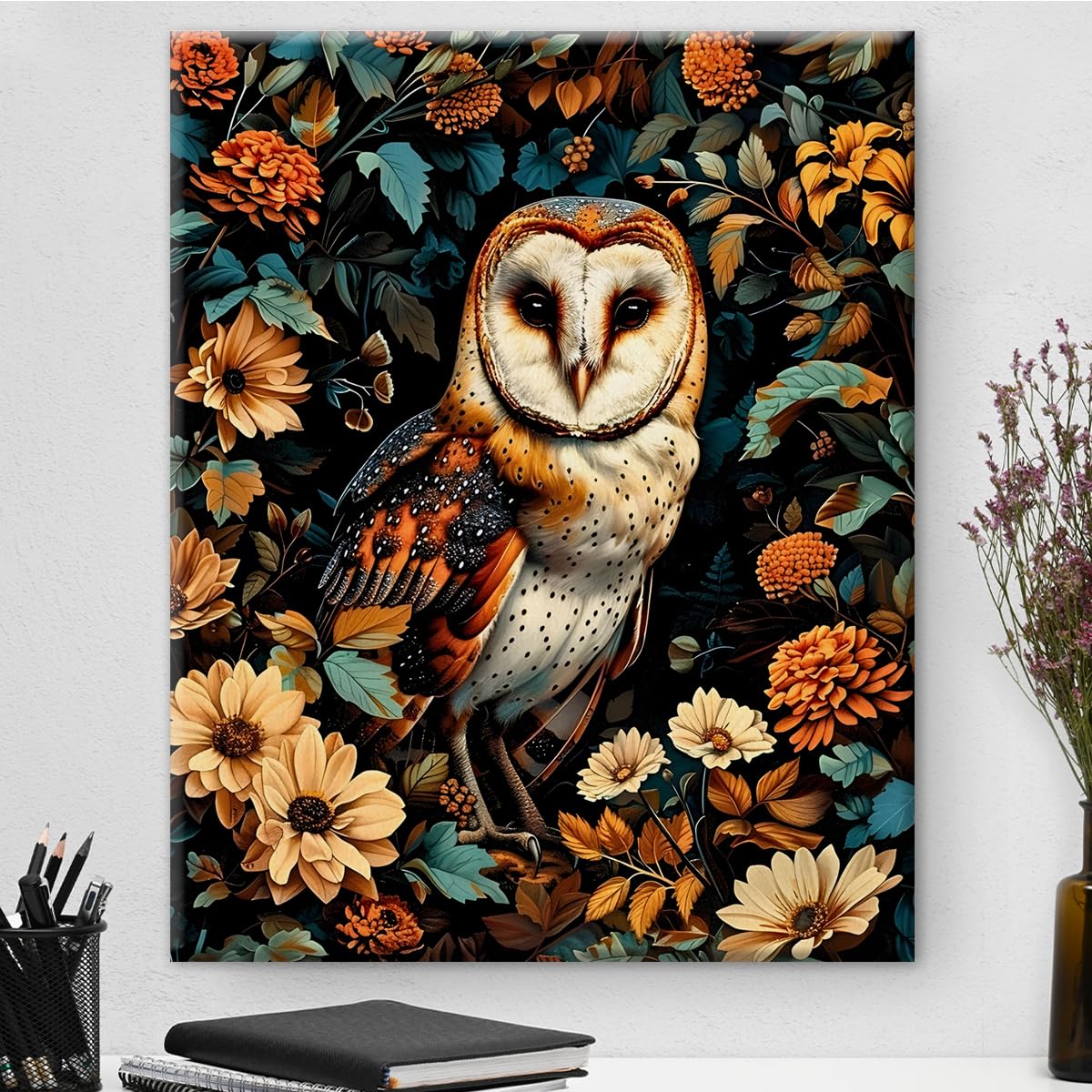 Photo 1 of Floral Barn Owl Canvas Wall Art Vintage Barn Owl Flowers Print Picture Aesthetic Bird Artwork Painting for Home Farmhouse Bedroom Living Room Wall Decor 8x10 Inch