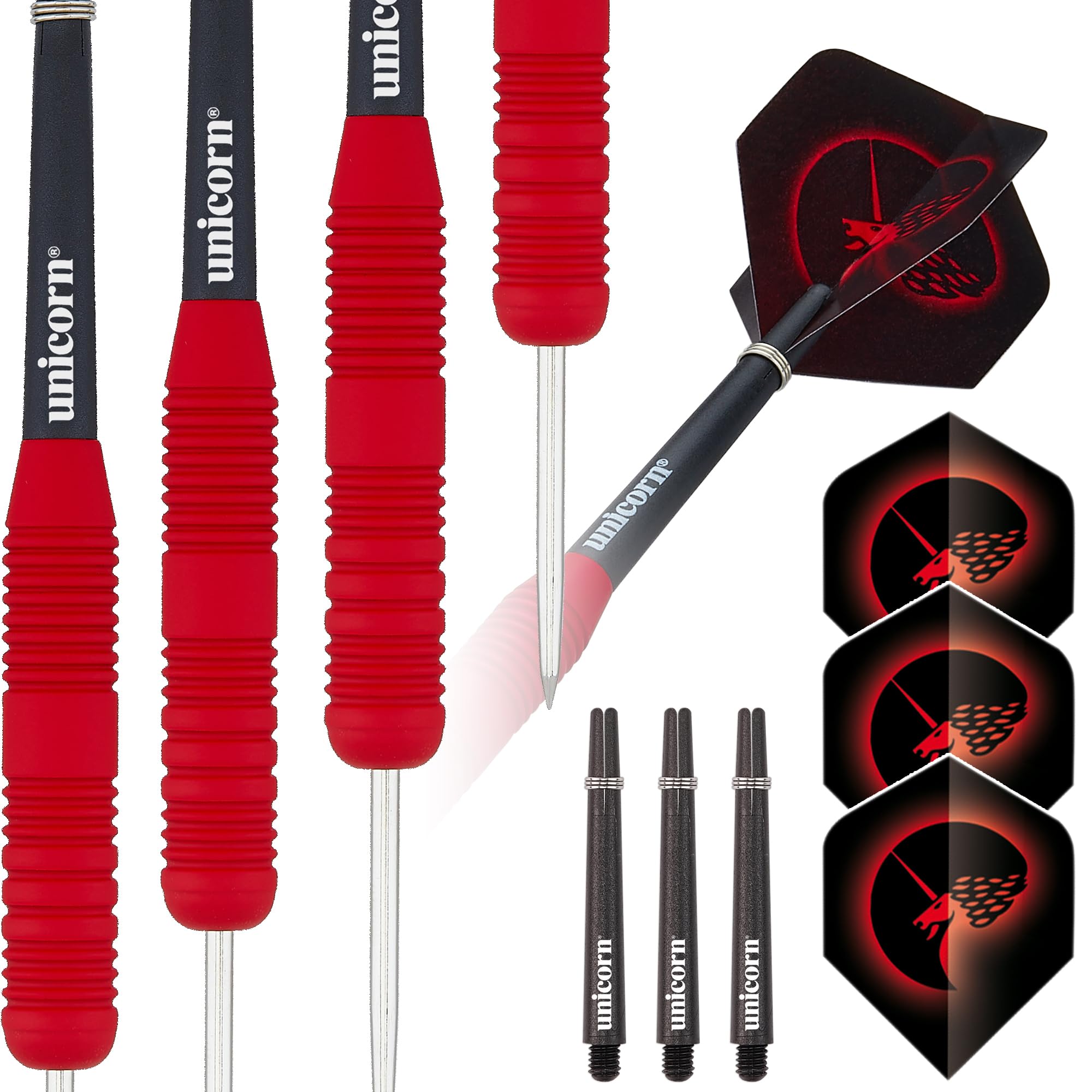 Unicorn Steel Tip Darts Set | Core Plus | Smooth Comfortable Rubberised Brass Barrels | Red | 25 g