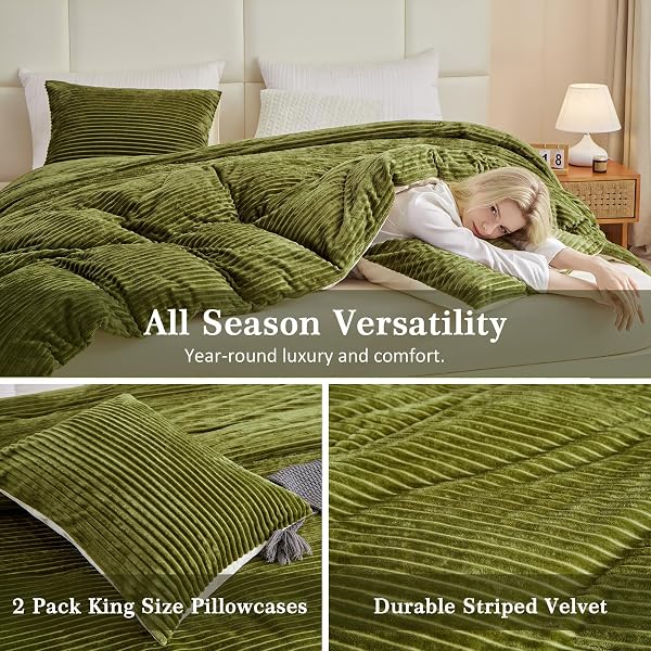 FLUFFY VELVET COMFORTER SET KING 3 PIECES – SUPER SOFT & FUZZY OLIVER GREEN COMFORTER SET FOR WINTER WARM FLEECE BEDDING, 1 LUXURY COZY FAUX FUR DOWN ALTERNATIVE COMFORTER WITH 2 PILLOW CASES