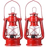8inch Red Vintage LED Hurricane Lantern Battery Operated Lamp, 2pcs | Hanging Halloween Lantern, Warm LED with Dimmer Switch Rustic Farmhouse Kerosene Lamp Style, Indoor Outdoor Decor for Camping