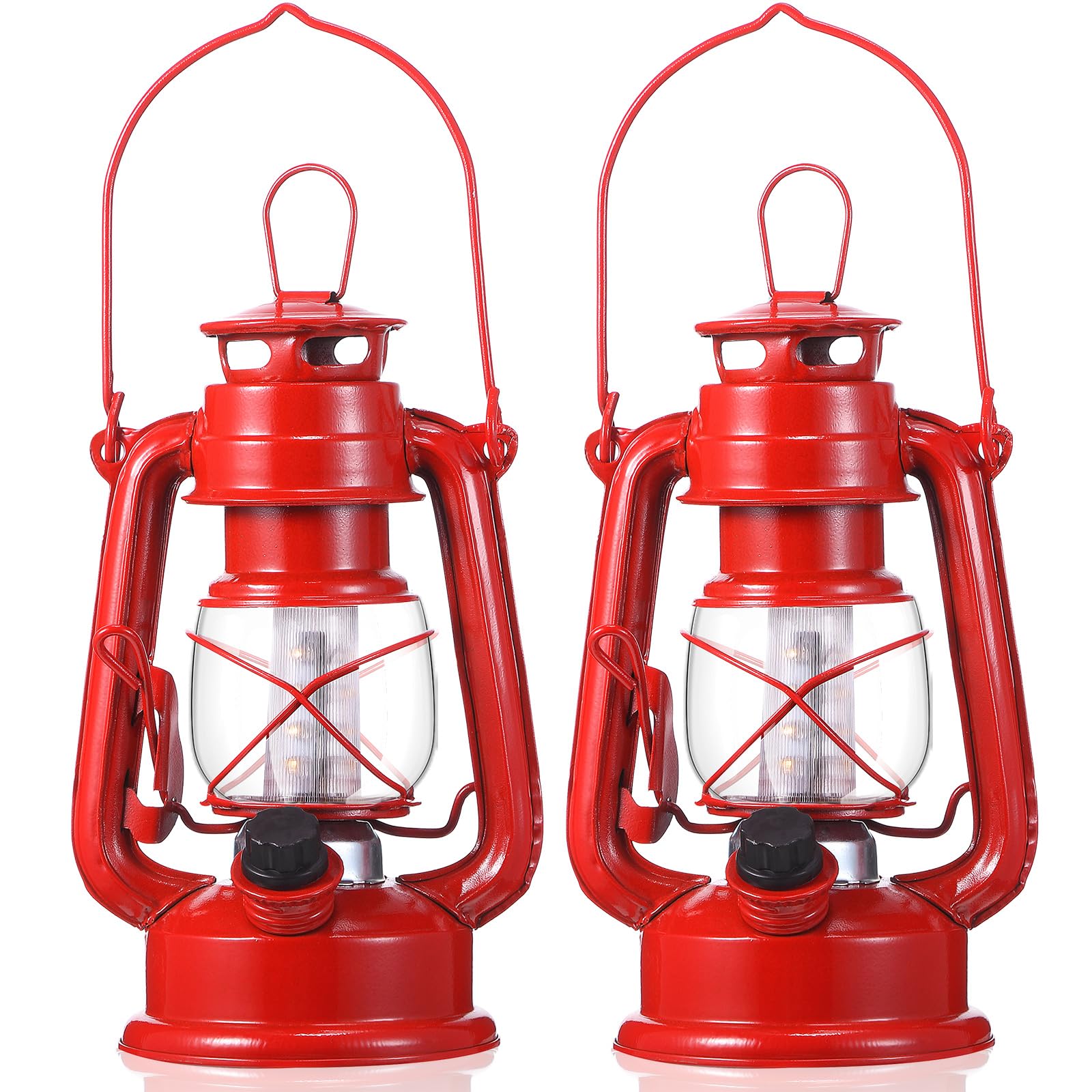 Photo 1 of Hortsun 2 Pcs 8 Inch Vintage LED Hurricane Lantern Metal Red Outdoor Battery Operated Hanging Lantern with Warm LEDs and Dimmer Switch for Indoor Rustic Farmhouse Country Camping Decor