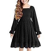 Cubear Girls Long Sleeve Dress Kids Ruffle Tiered Dress Swiss Dot A-Line Christmas Fall Winter Dress 6-15 Years