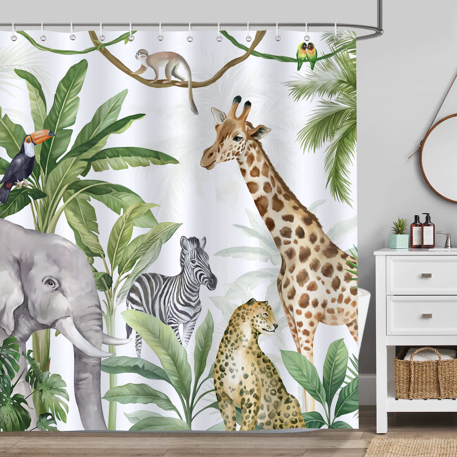 Bonhause Tropical Rainforest Animals Shower Curtain Jungle Elephant Giraffe Leopard Bathroom Curtain 180 x 180 cm Waterproof Mildew & Mould Resistant Polyester Fabric Bath Curtain with 12 Hooks