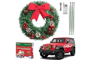 Lighted Christmas Car Wreath, 13" Artificial LED Car Wreath with Red Bow, Pine Cone and Red Berry for Front Grill